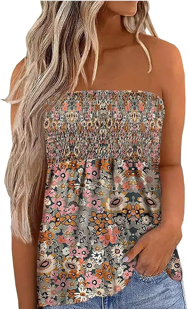 Floral Smocked Ruffled Strapless Bandeau Tank Women Summer Backless Tube Top Sleeveless Loose Hol... | Amazon (US)