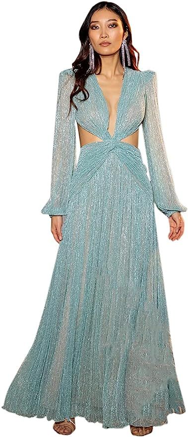 EDOLYNSA Women's Long Sleeve Beach Dress Lurex Cutout Twist-Front Maxi Dress Holiday V-Neck Print... | Amazon (US)