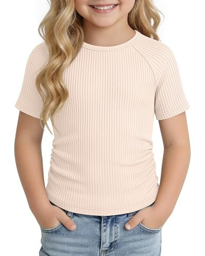 LessonZoo Toddler Girl T-Shirts Infant Girls Ribbed Short Sleeve Shirts Slim Fit Cotton Tee Kids Side Ruched Tops Size 18M-5T(Cream,18-24 Months) | Amazon (US)