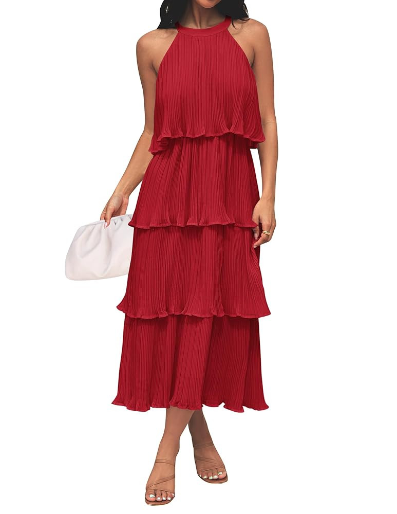 ZESICA Women's 2025 Summer Sleeveless Halter Neck Ruffle Tiered Layed Chiffon Flowy Swing Long Mi... | Amazon (US)