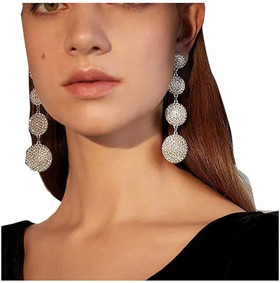 fxmimior Fashion Women Silver Rhinestones Circle Earrings Long Chain Drop Dangle Earrings Jewelry | Amazon (US)