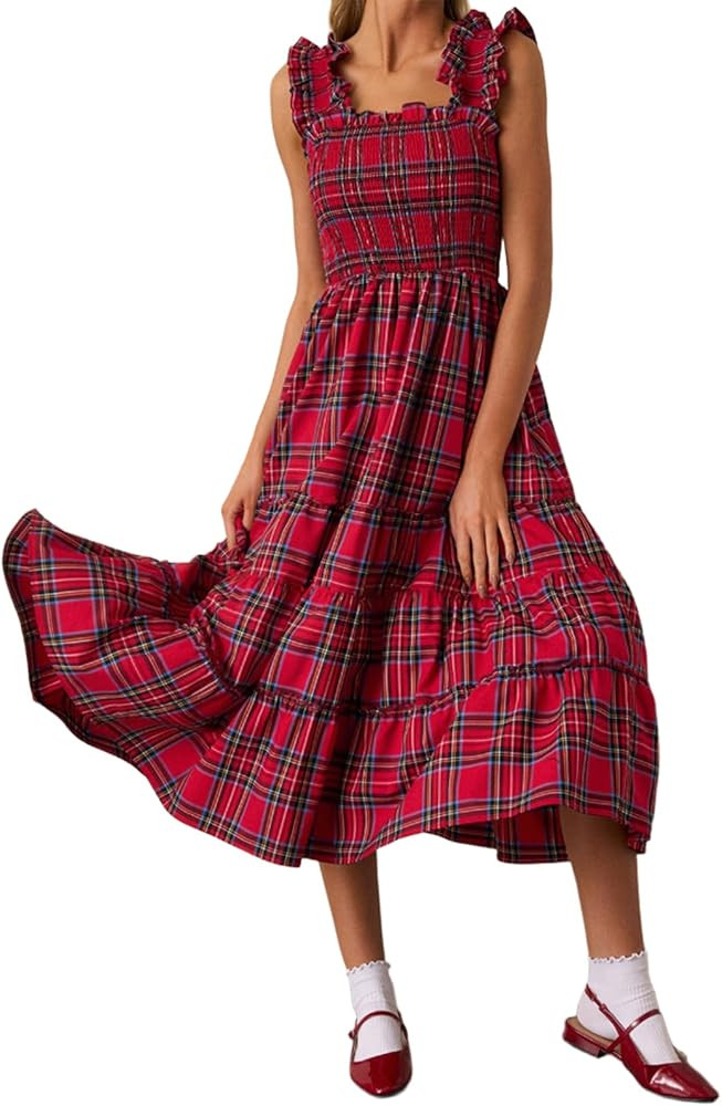 Women Plaid Maxi Dress Sleeveless Gingham Square Neck Smocked Dress Beach Vacation Ruffle Long Dr... | Amazon (US)