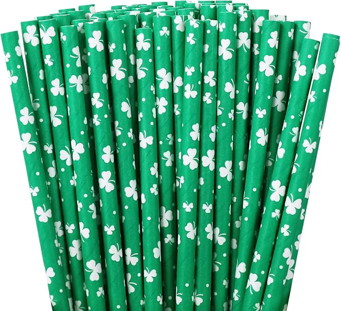 Whaline 200Pcs St. Patrick's Day Paper Straws Shamrocks Green Disposable Straws White Clover Prin... | Amazon (US)