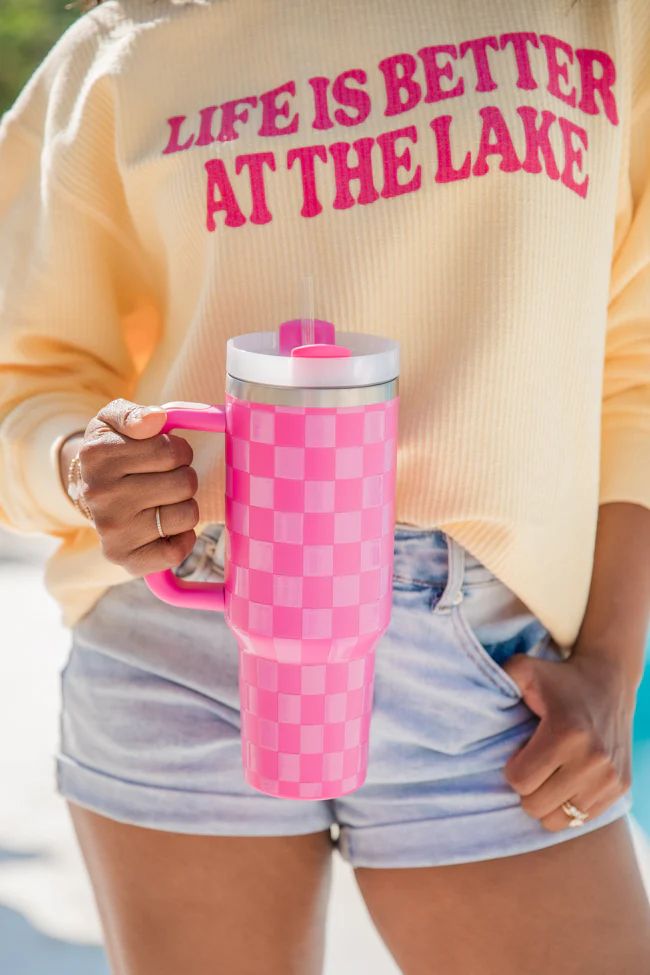 Sippin' Pretty Pink Tonal Checkered 40 oz Drink Tumbler With Lid And Straw | Pink Lily