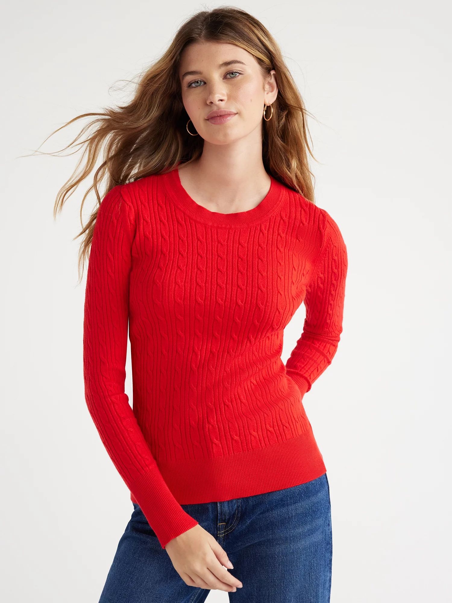 Free Assembly Women’s Cable Knit Crewneck Sweater, Midweight, Sizes XS-XXXL | Walmart (US)