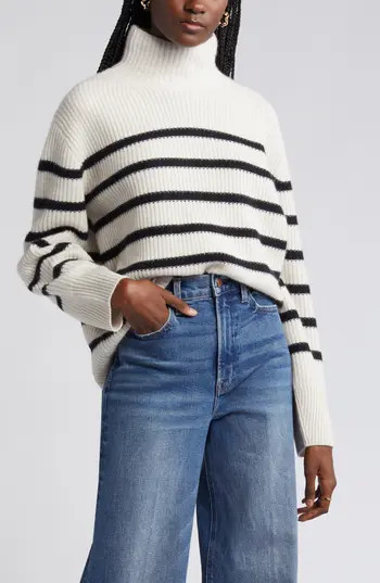 Nordstrom Stripe Cashmere Mock Neck Sweater in Ivory Sand- Black Stripe at Nordstrom Rack, Size X-Small | Nordstrom Rack
