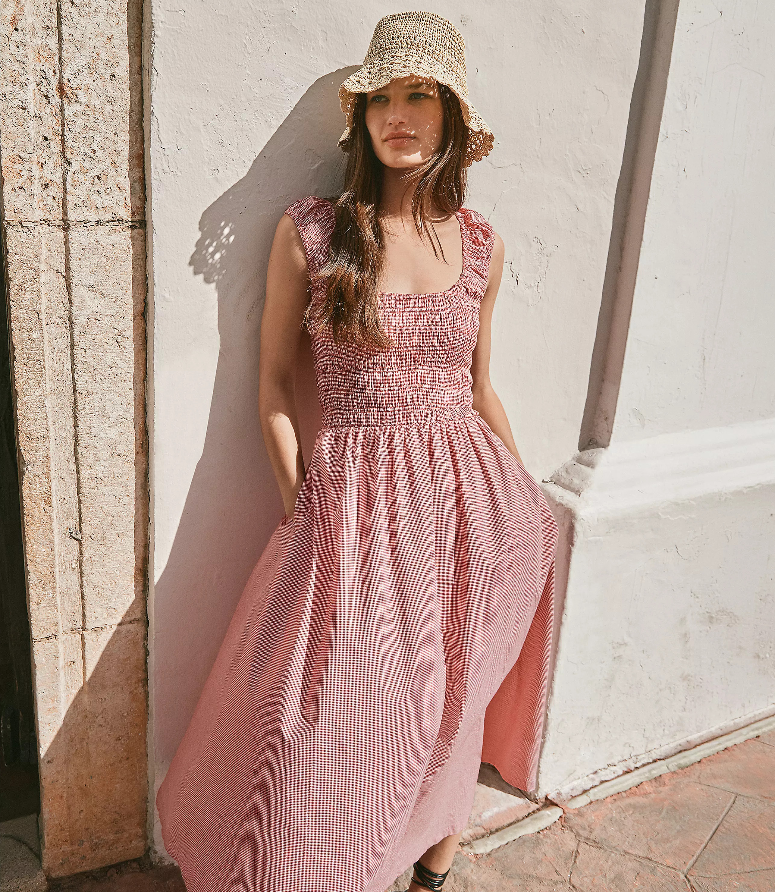 Gingham Smocked Cap Sleeve Midi Pocket Dress | LOFT