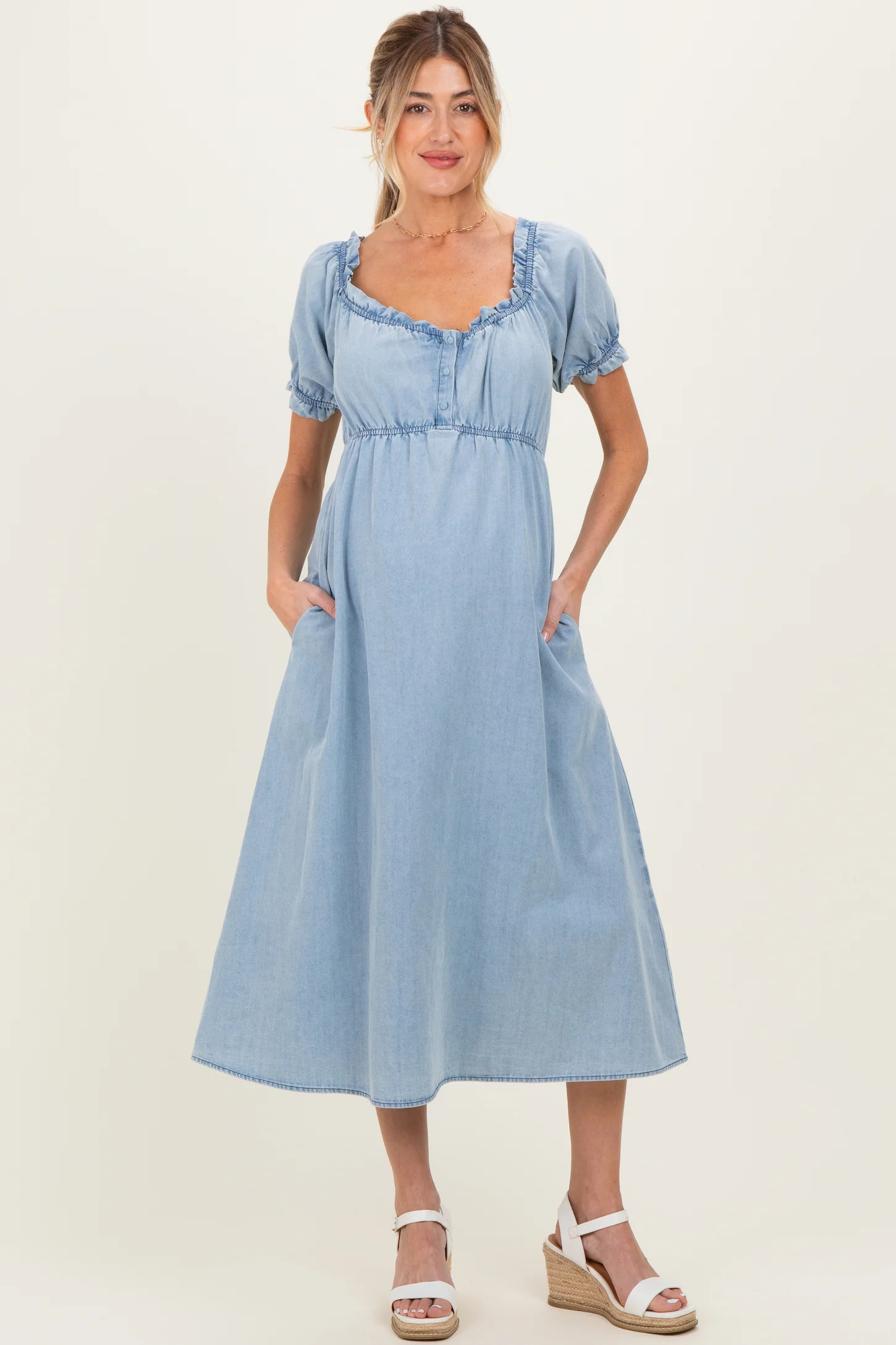 Light Blue Chambray Ruffle Neckline Maternity Midi Dress | PinkBlush Maternity
