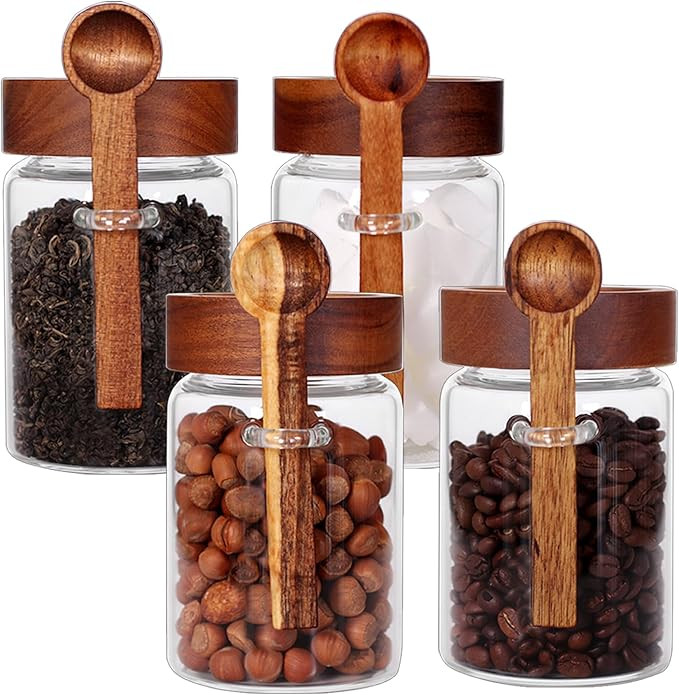 SAIOOL Loose Leaf Tea Storage Canister Set, 4 Pieces 16 OZ Glass Tea Containers with Wooden Lids ... | Amazon (US)