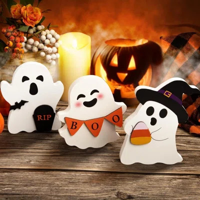 Cute Ghost Halloween Decorations Indoor, Wooden Tiered Tray Decor Table Sign Set Of 3, Black Cat Bat Witch Broom Signs Pumpkin Blocks For Party Home S | Wayfair North America