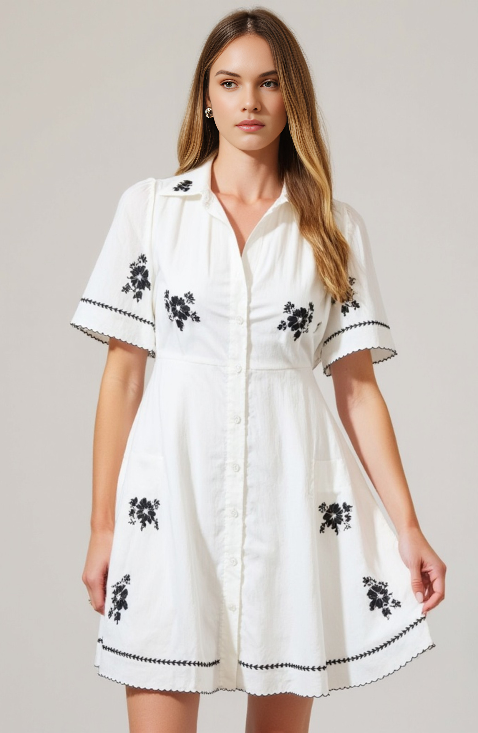 Scalloped Trim Short-Sleeve Button-Front Embroidered Shirt Dress | Nordstrom