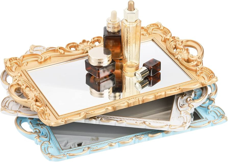 Frcctre Set of 3 Decorative Mirror Tray, Rectangle Mirrored Tray Jewelry Perfume Organizer and Di... | Amazon (US)