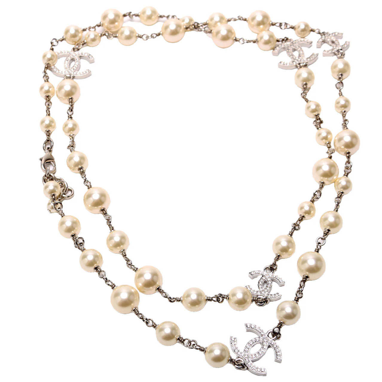 CC Graduated Pearl/Crystal Long Necklace Silver | Keeks Designer Handbags