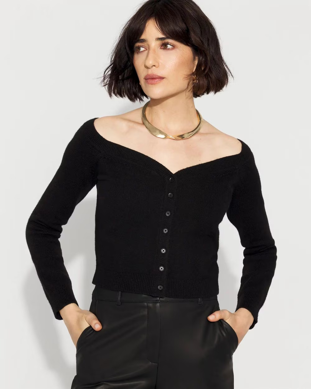 Off-The-Shoulder Button-Front Cardigan | White House Black Market