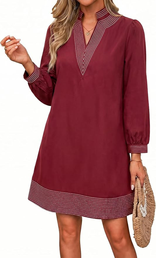 Wenrine Womens Puff Long Sleeve Dress Casual V Neck Mini Shift Dresses | Color Block, Embroidery ... | Amazon (US)