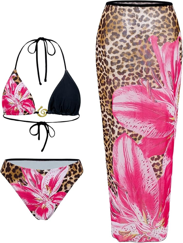 Verdusa Women's 3 Piece Swimsuits Metal Leopard Floral Halter Backless Beach Vacation Bikini Sets... | Amazon (US)