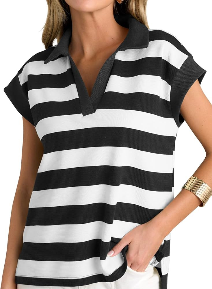 Tankaneo Womens Oversized Short Sleeve Sweatshirt Summer V Neck Tops Casual Striped Polo Shirts L... | Amazon (US)