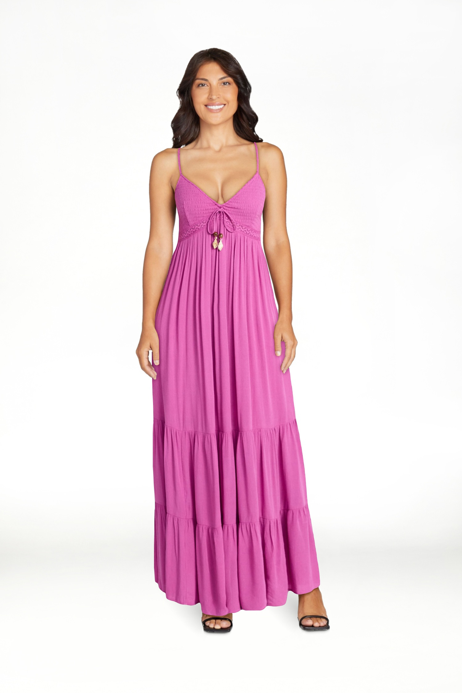 No Boundaries Crochet Lace Trim Tiered Maxi Dress, Women's XXS-XXL | Walmart (US)