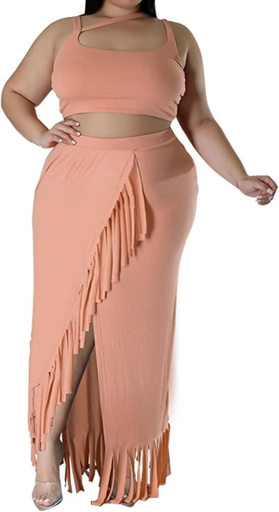 IyMoo Women's Plus Size Summer Beach 2 Piece Skirt Sexy Asymmetrical Cutout Fringe High Slit Nigh... | Amazon (US)