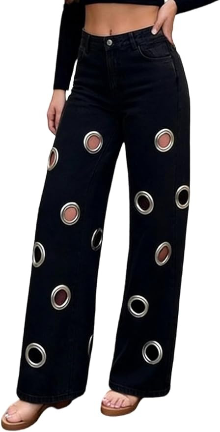 Unybwonn Women's Wide Leg Jeans High Waisted Metal Circle Ring Cut-Out Denim Pants Ripped Distres... | Amazon (US)