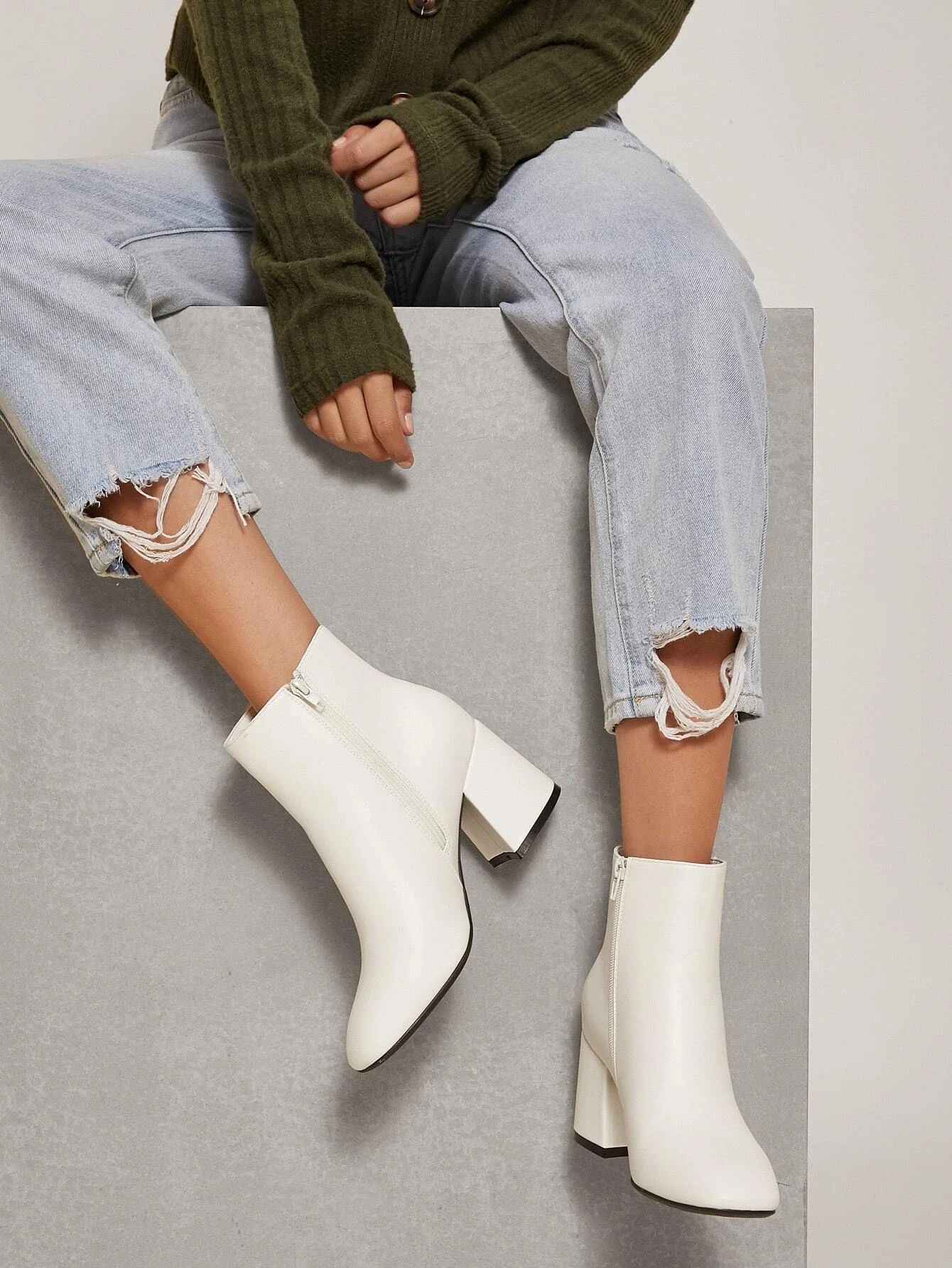 Fake Leather Zip-Up Block Heel Boots | SHEIN