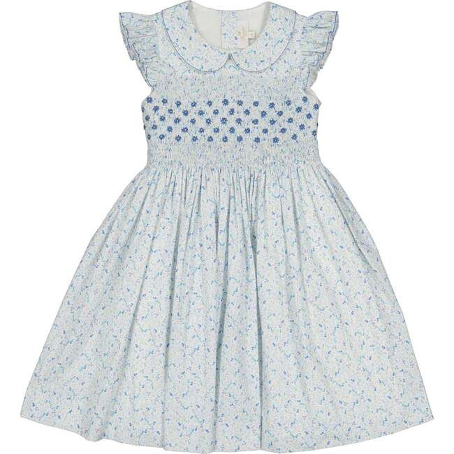 Cosmos Floral Frilled Cap Sleeve Smocked Dress, Blue | Maisonette
