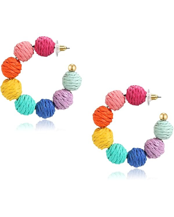 Colorful Statement Raffia Hoop Dangle Earrings for Women - Fun Summer Rattan Beach Vacation Jewel... | Amazon (US)