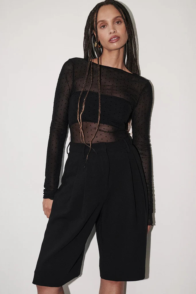 MAE BLACK MESH SPOT LONG SLEEVE TOP | DISSH