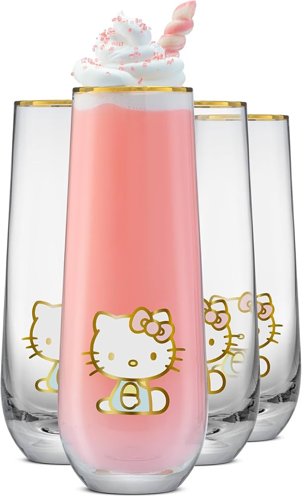JoyJolt Hello Kitty Stay Gold Stemless Flutes, 9.4oz Drinking Glasses Set of 4, Sanrio Highball G... | Amazon (US)