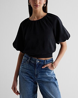 Express Women's Gathered Neck Puff Sleeve Banded Bottom Top in Black XS | Express