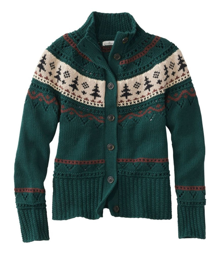 Women's Signature Cotton Fisherman Sweater, Short Cardigan Sweater Fair Isle Deepest Green Fair Isle Large, Cotton/Yarns L.L.Bean | L.L. Bean