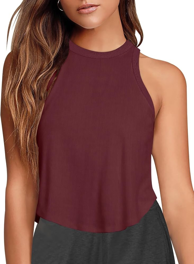 LASLULU Womens Crop Tops Sleeveless Workout Tops Halter Neck Flowy Athletic Shirts Cropped Tank M... | Amazon (US)