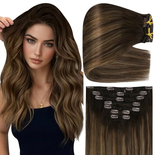 Full Shine Thick Human Hair Clip in Extensions 22 Inch Real Hair Extensions Dark Brown To Ash Brown Hair Extensions for Fullness 7 Pcs 150 G | Amazon (US)