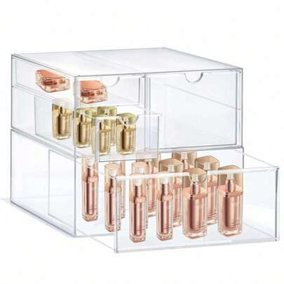 Acrylic Drawer Makeup Organizer With 4 Drawers, Set Of 2 Office Desk Organizers Accessories, Clear Stackable Storage Drawers For Vanity, Countertop, C | SHEIN