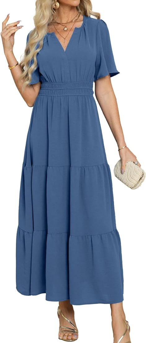 Amegoya Women's Velvet Short Sleeve V Neck Formal Wedding Guest Maxi Dresses Fall Evening Party L... | Amazon (US)