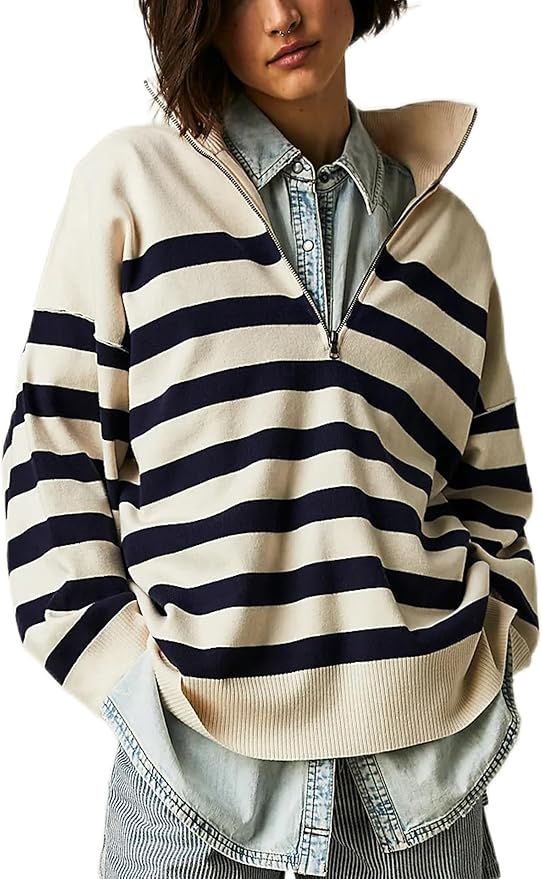 Quarter Zip Striped Oversized Knitted Pullover Sweaters for Women Lightweight Loose Fit Sweater T... | Amazon (US)