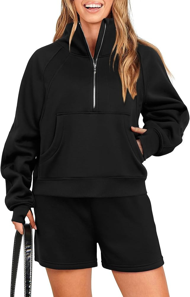 Vigorics Women 2 Piece Outfits Sweatsuit Half Zip Oversized Sweatshirt & Lounge Shorts Tracksuit ... | Amazon (US)