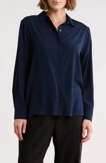 T Tahari Hidden Placket Long Sleeve Shirt in Navy at Nordstrom Rack, Size Large | Nordstrom Rack