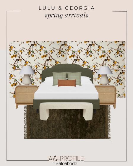 Links in home collages // styled rooms, Lulu and Georgia furniture, cane nightstands, ceramic lamps, green upholstered beds, organic furniture style, boucle benches, olive green area rug, traditional wallpaper, lulu and georgia wallpaper, green furniture, orange decor

#LTKhome