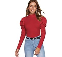 SheIn Women's Elegant Puff Sleeve Mock Neck Fitted Solid Blouse Tee Top | Amazon (US)