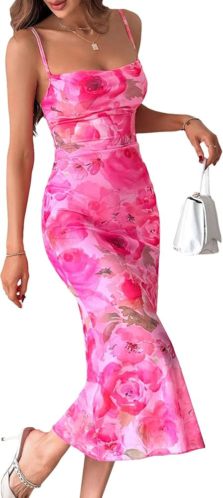 Floerns Women's Summer Split Thigh Spaghetti Strap Cami Midi Floral Dress | Amazon (US)