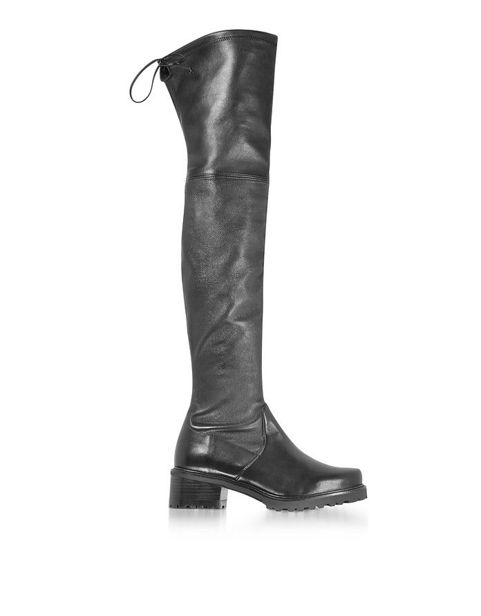 Stuart Weitzman Vanland Black Stretch Leather Over The Knee Boots w/Brown Sole | Forzieri EU