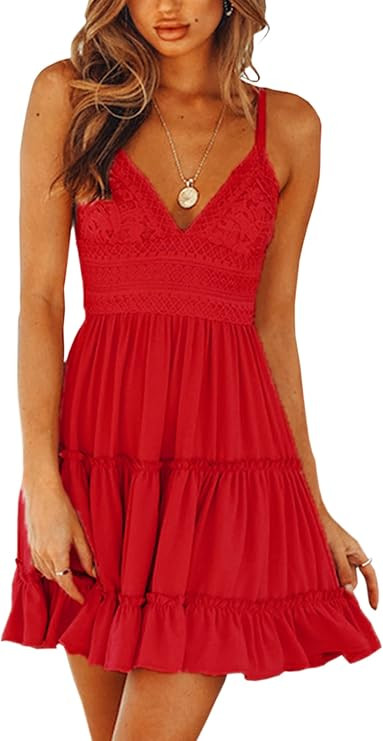 ECOWISH Summer Dresses for Women 2026 V-Neck Spaghetti Strap Bowknot Backless Sleeveless Lace Min... | Amazon (US)