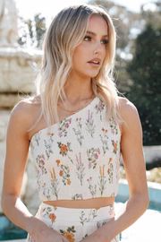 August Shirred Cropped Top - Beige Floral | Petal & Pup (US)