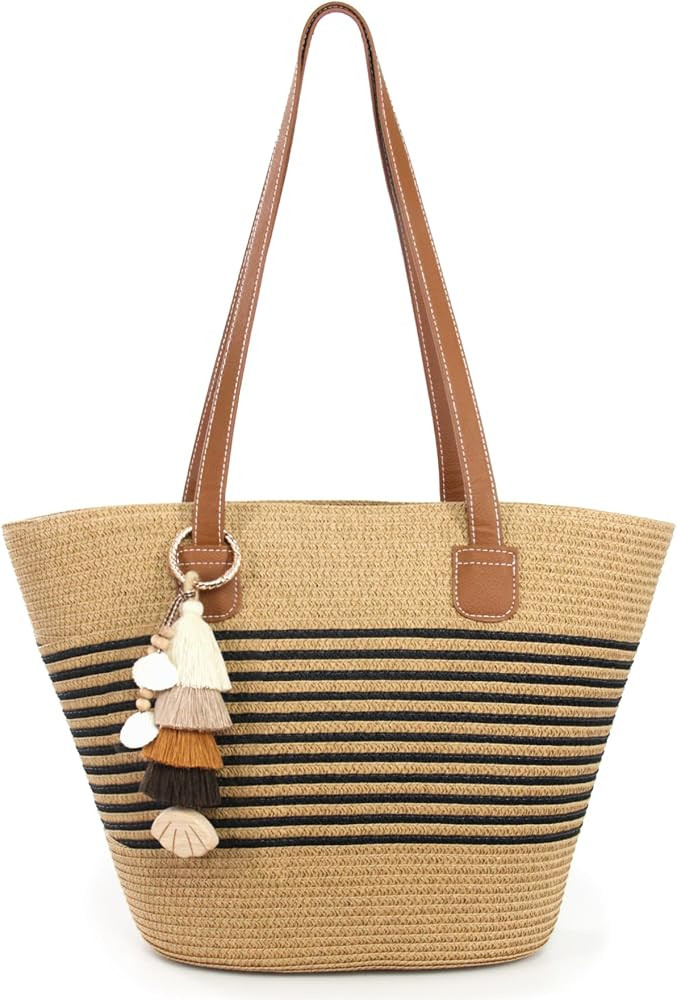 RUNROLE Straw Purse with Tassel Hat Clip, Beach Bag for Women, Handmade Large Woven Purse, Summer... | Amazon (US)