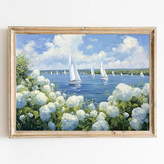 Seaside Hydrangea Wall Art Coastal Sailboat Print Nantucket Artwork for Walls Vintage Hydrangea P... | Amazon (US)