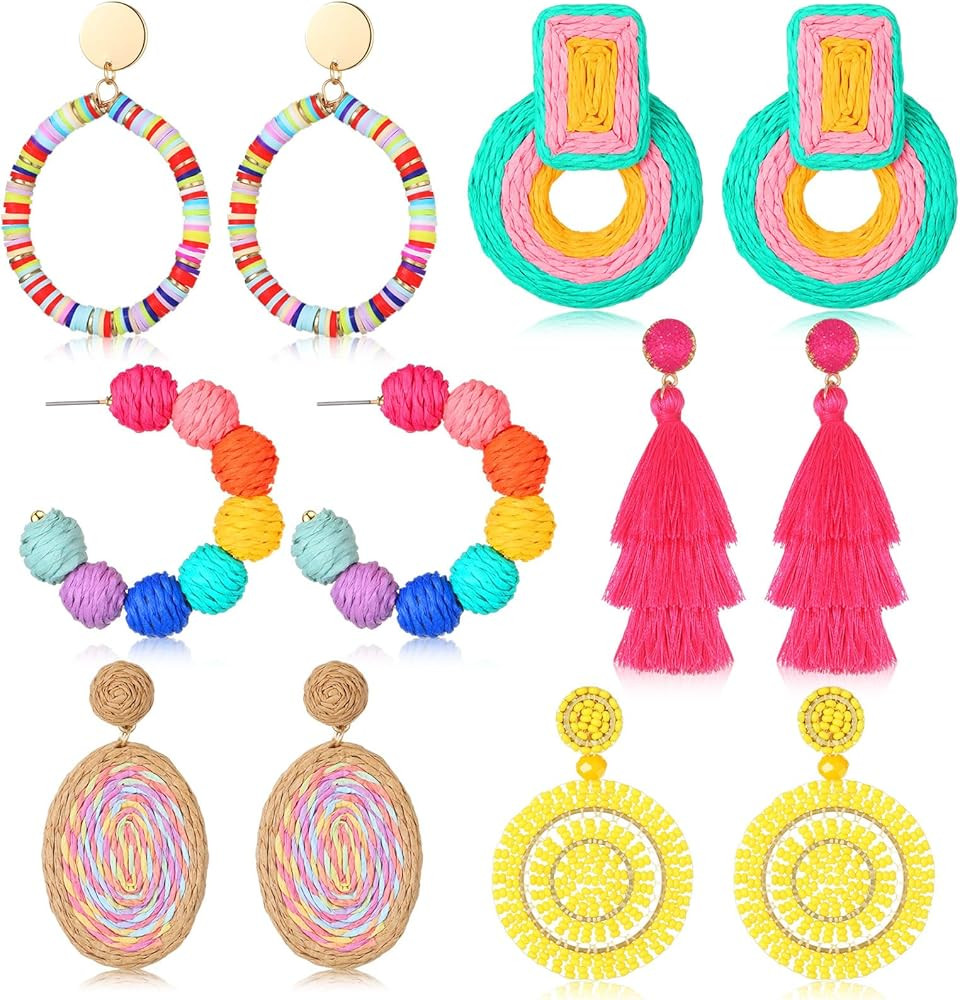 Hicarer 6 Pair Rattan Earrings Straw Tassel Bohemian Earrings for Women Christmas Party | Amazon (US)