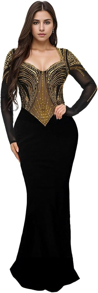 PORRCEY Women Sexy Elegant Rhinestone Mesh See Through Evening Dresses Party Club Night Clubwear | Amazon (US)