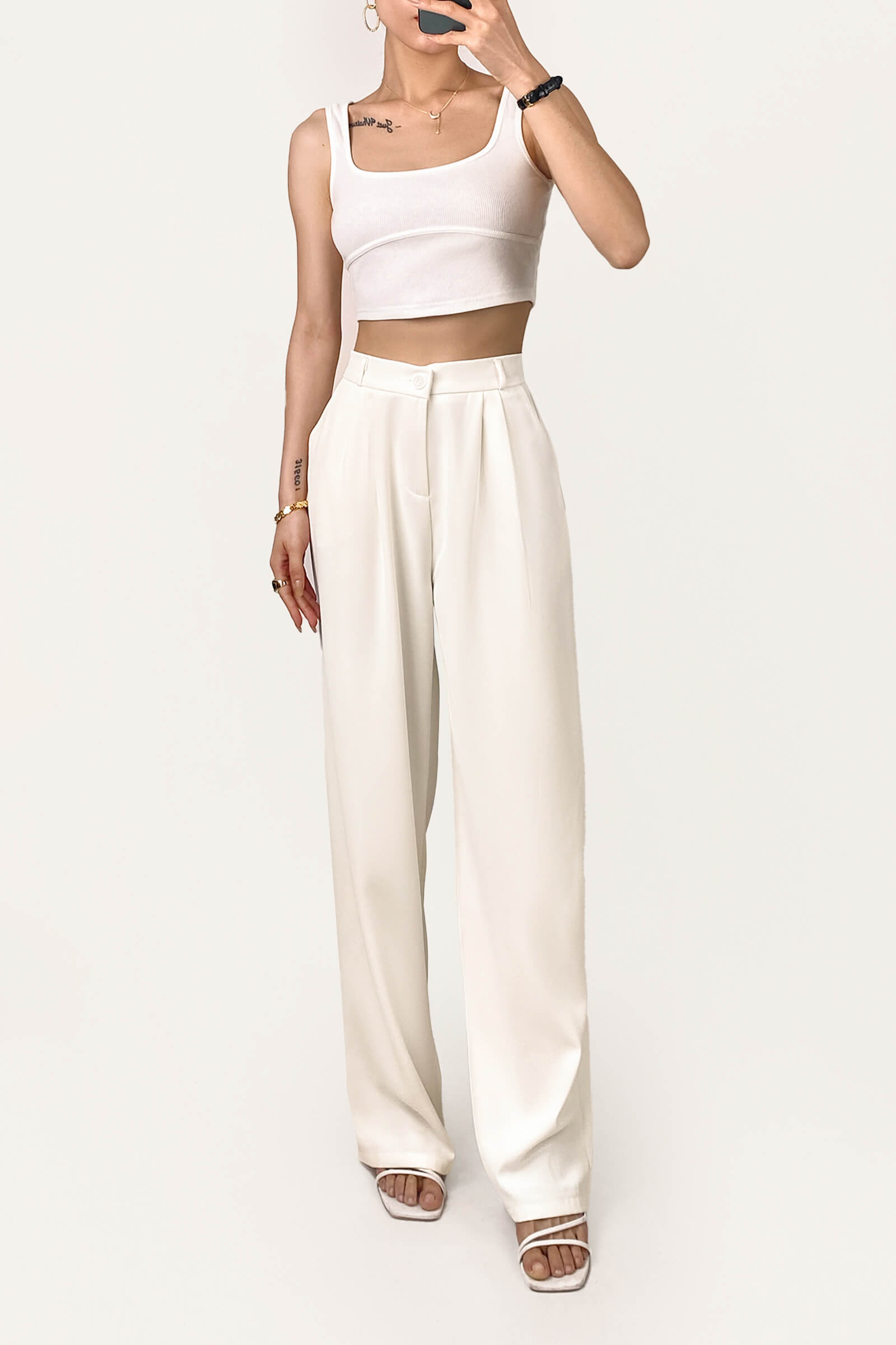 Ivory Half Elastic Pleat Detail Wide Leg Suit Pants | J.ING
