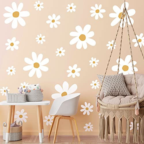 12 Sheets Daisy Wall Decals Flower Wall Stickers Large Cute Daisy Stickers White Flower Decals Peel and Stick for Nursery Bedroom Living Room Home Decoration(Cute Style) | Amazon (US)